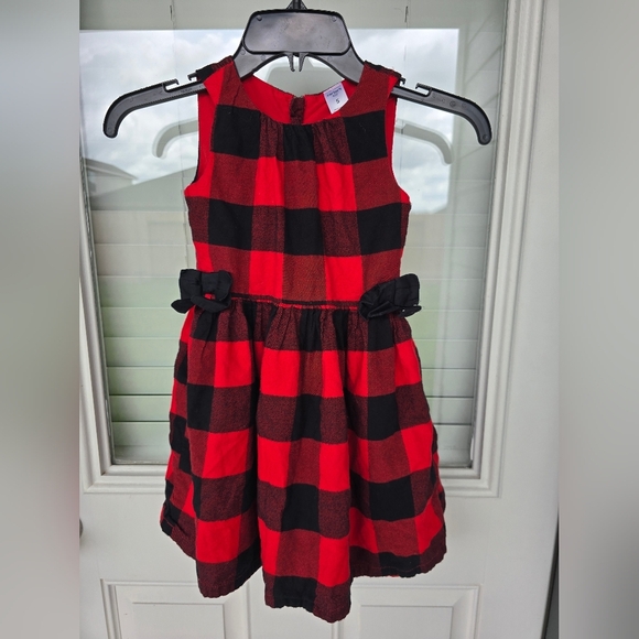 Carter's Kid Red Black Plaid Girls Dress Sz 5 Lined 100% Cotton Side Bows - Picture 4 of 13